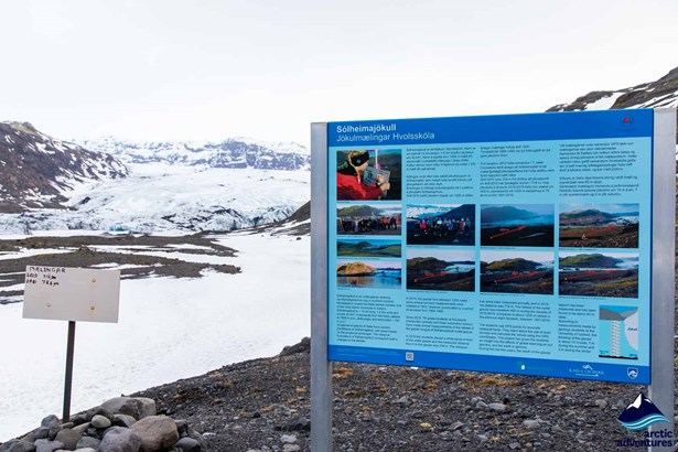 Signs of Solheimajokull Glacier in Iceland