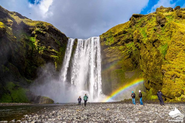 Skogafoss Waterfall and Rainbow during Sunny Day