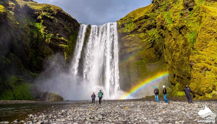 Skogafoss Waterfall and Rainbow during Sunny Day