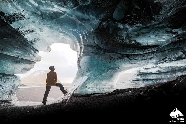 Woman inside the Katla Ice Cave in Iceland