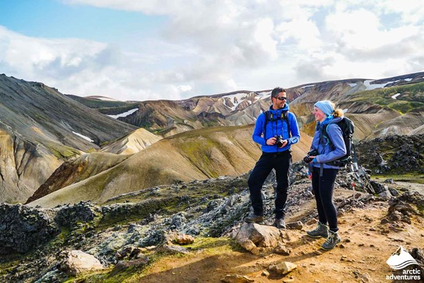 Hikers with Cameras at Landmannalaugar  in Iceland