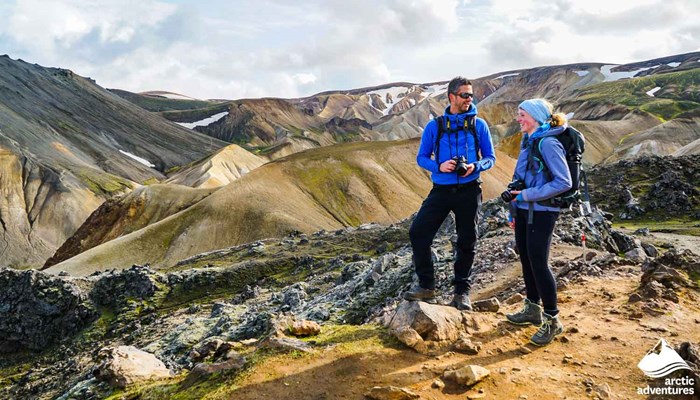 Hikers with Cameras at Landmannalaugar  in Iceland