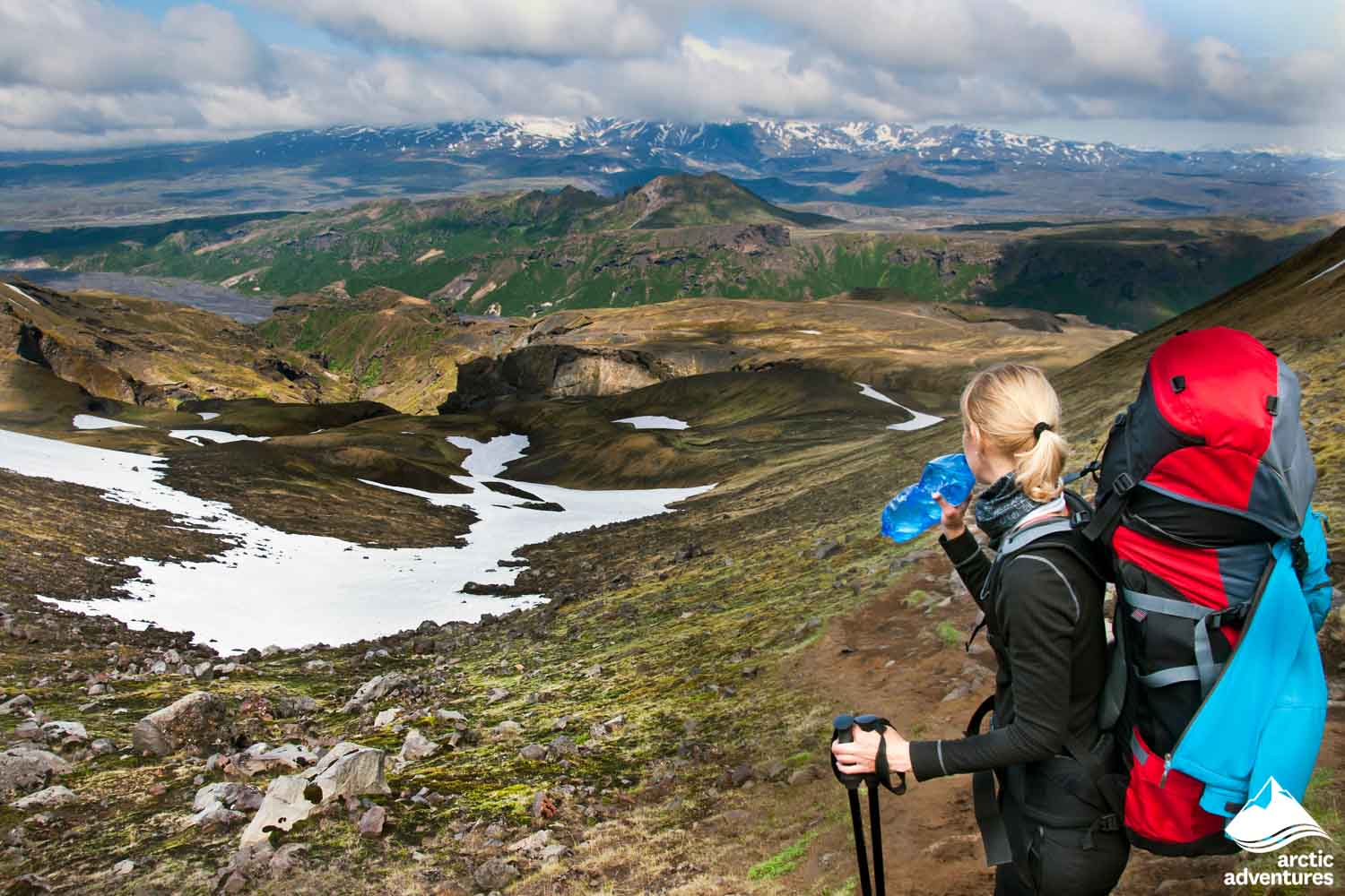 Woman Drinking Water at Laugavegurinn Trail