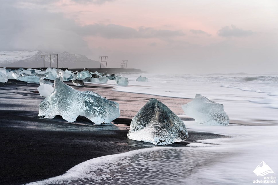 Clear Icebergs at Diamond Beach in Iceland