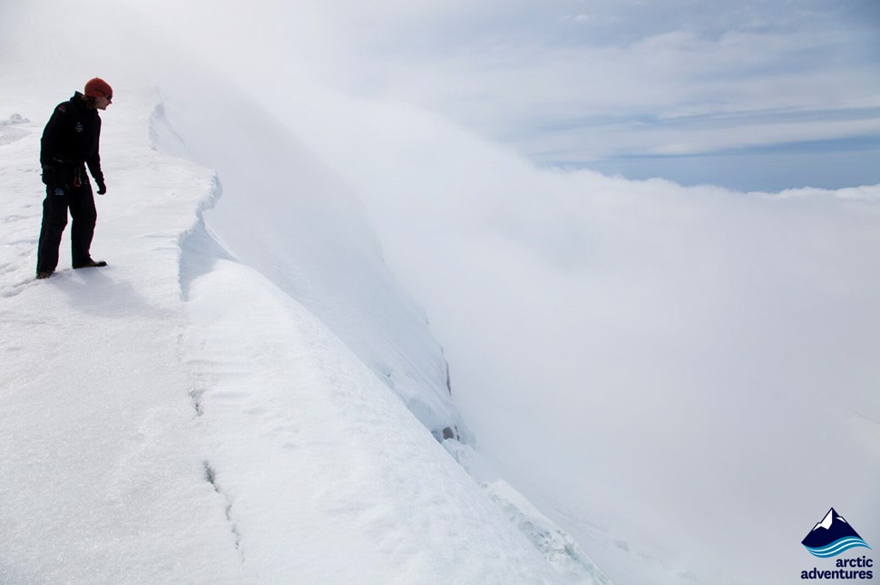 Man Standing on Snaefellsjokull Glacier Summit