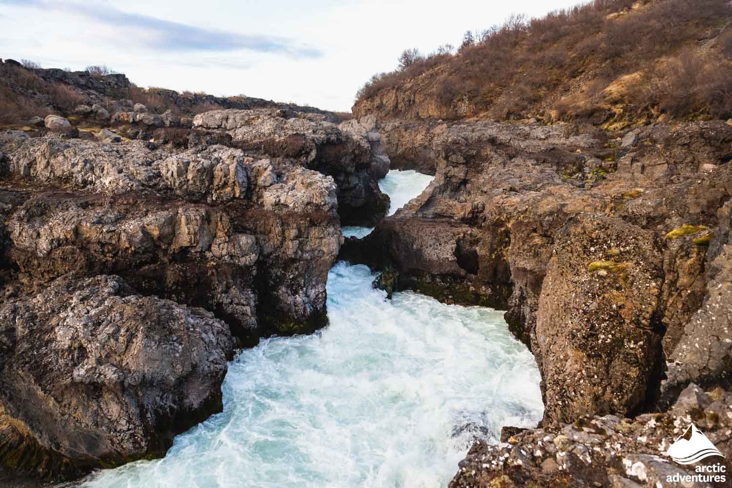 Barnafoss Waterfall Between Rocks in Iceland