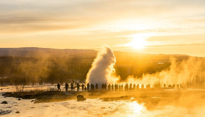 Geyser Eruption During Golden Hour in Iceland