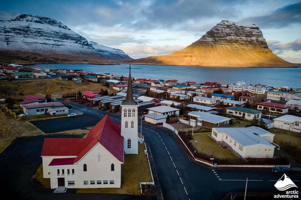 Town with Panoramic View of Mountains in Iceland