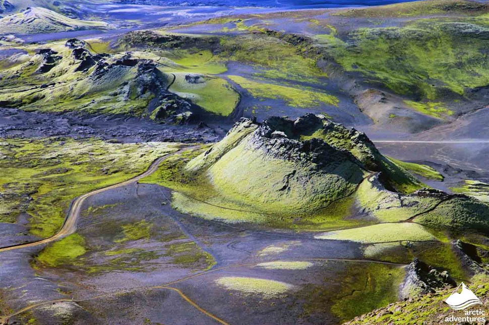 Aerial View of Icelandic Highlands and Volcanoes