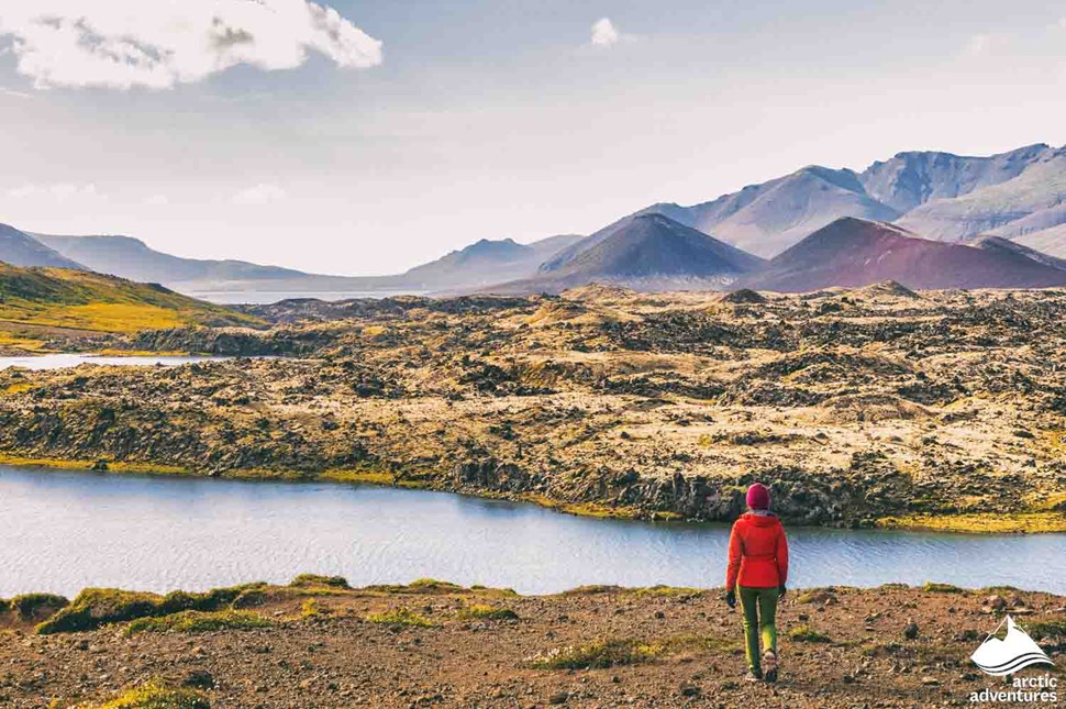 Woman with Red Jacket Enjoying Icelandic Landscape