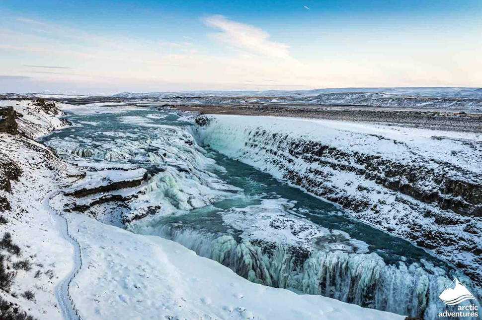 Giant Gullfoss Waterfall during Winter in Iceland