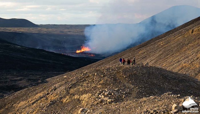 Group Hiking to Volcano Eruption Site in Iceland