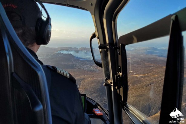 Helicopter Flying to Volcano Eruption in Iceland