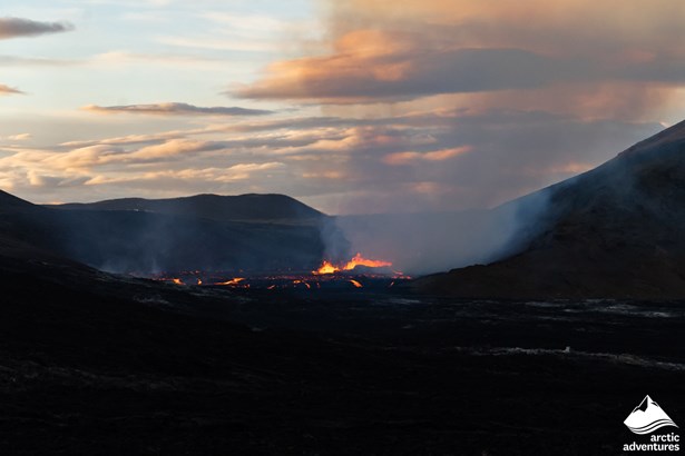 Meradalir Volcano Eruption Site in Evening