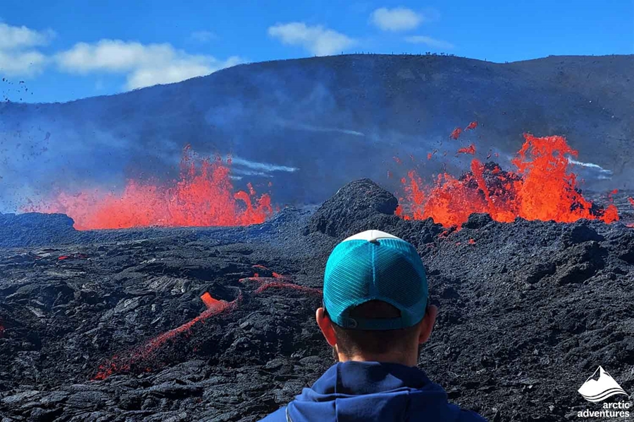 Man Watching Active Volcano