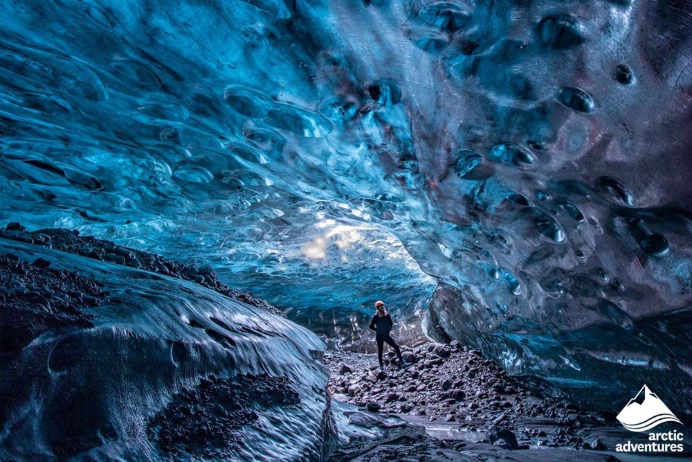 Woman Inside the Crystal Ice Cave