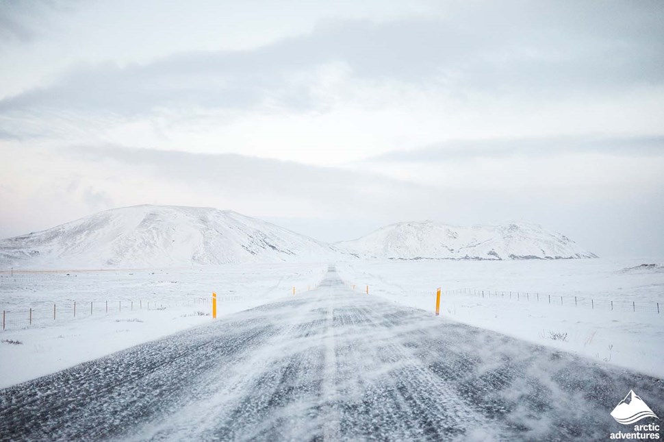 Snowy Route 1 during Winter in Iceland