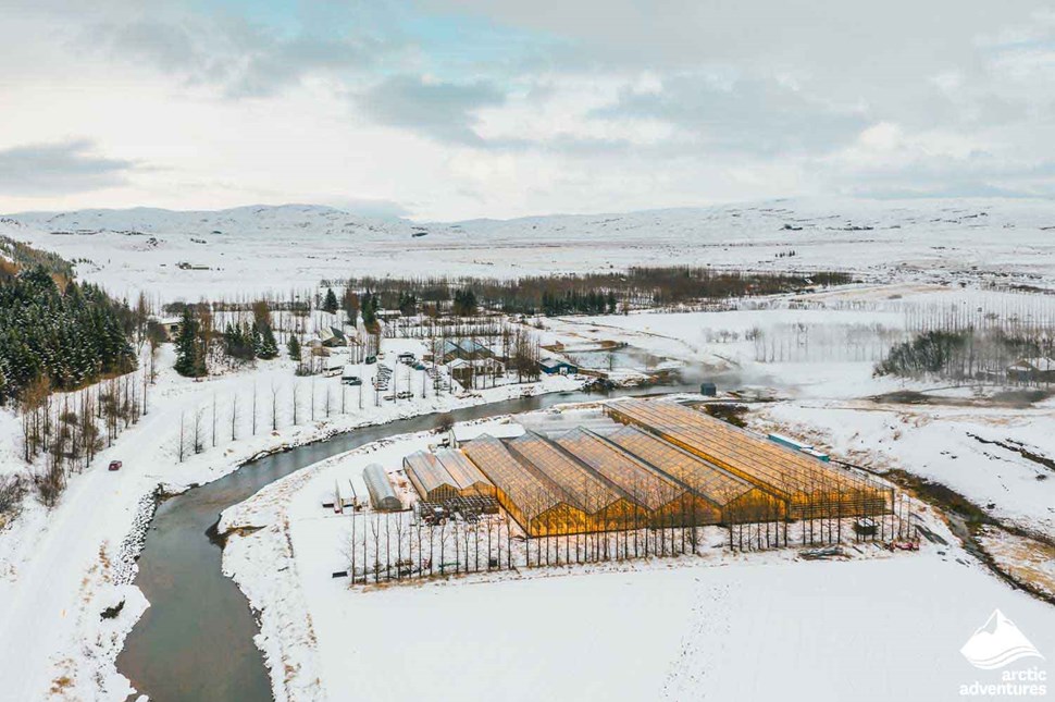 Aerial View of Fridheimar Farm in Iceland