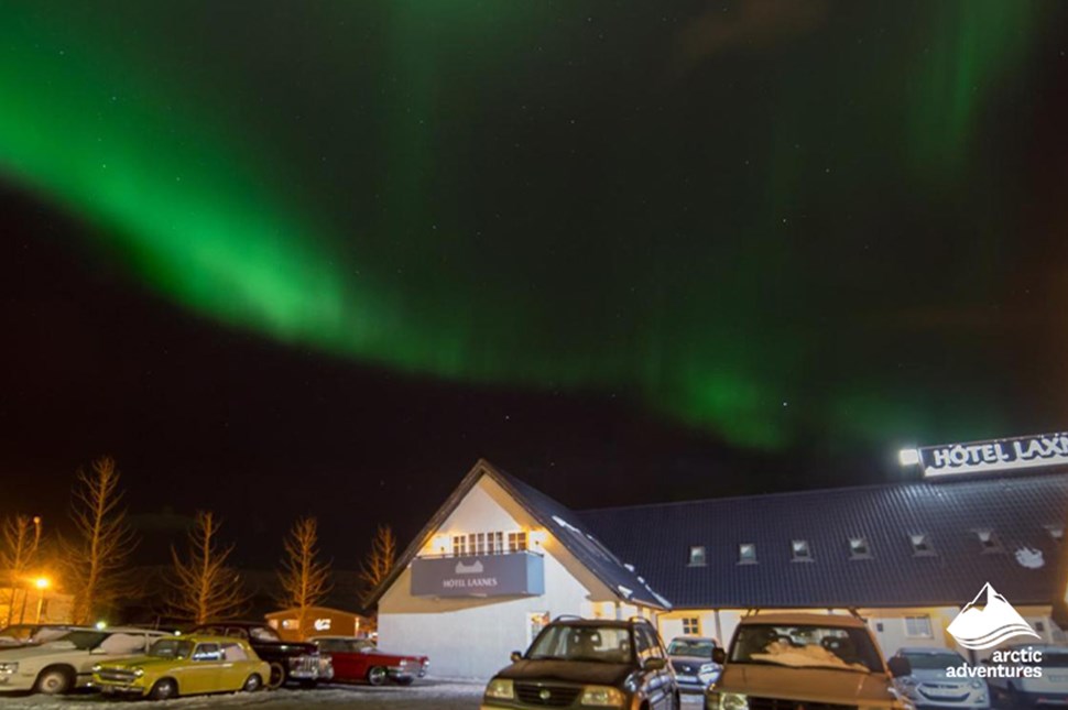 Northern Lights over Laxnes Hotel in Iceland