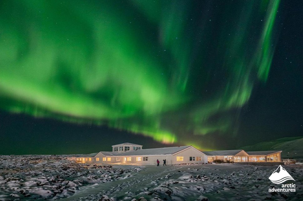 Aurora over Northern Lights Inn Hotel in Iceland