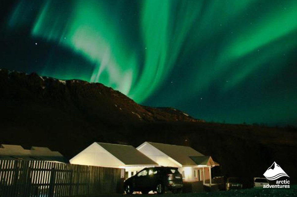 Northern Lights over Frost And Fire Hotel in Iceland