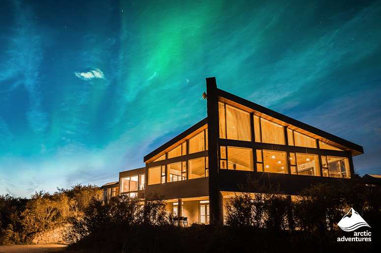 Aurora over Luxury Hotel Husafell in Iceland