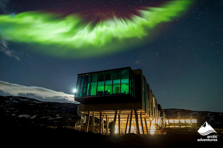 Aurora above ION Adventure Hotel in Iceland