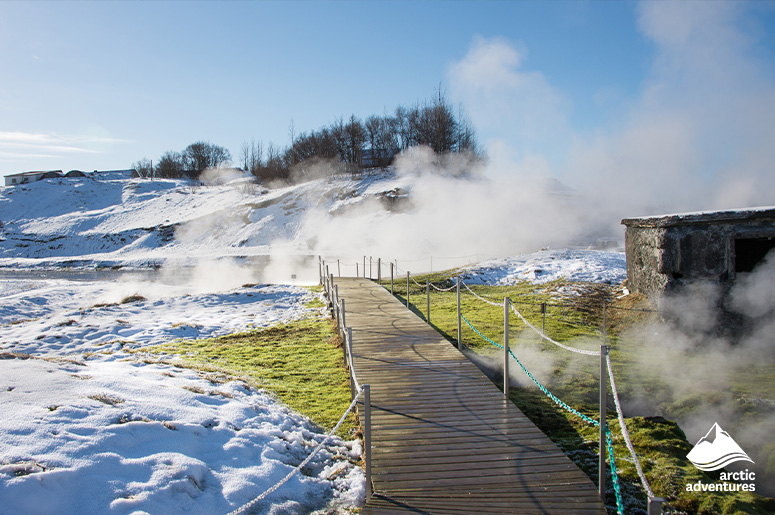 The geothermal area of the Secret Lagoon in Iceland