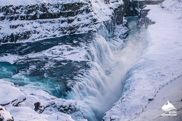 Aerial View of Gullfoss Waterfall in Winter Iceland