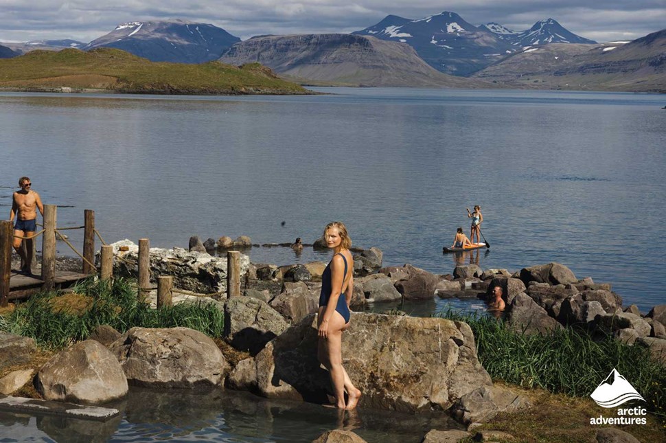 People Bath in Hvammsvik Hot Springs in Iceland