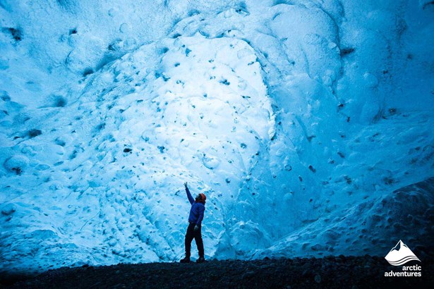 Man in Blue Ice Cave in Skaftafell