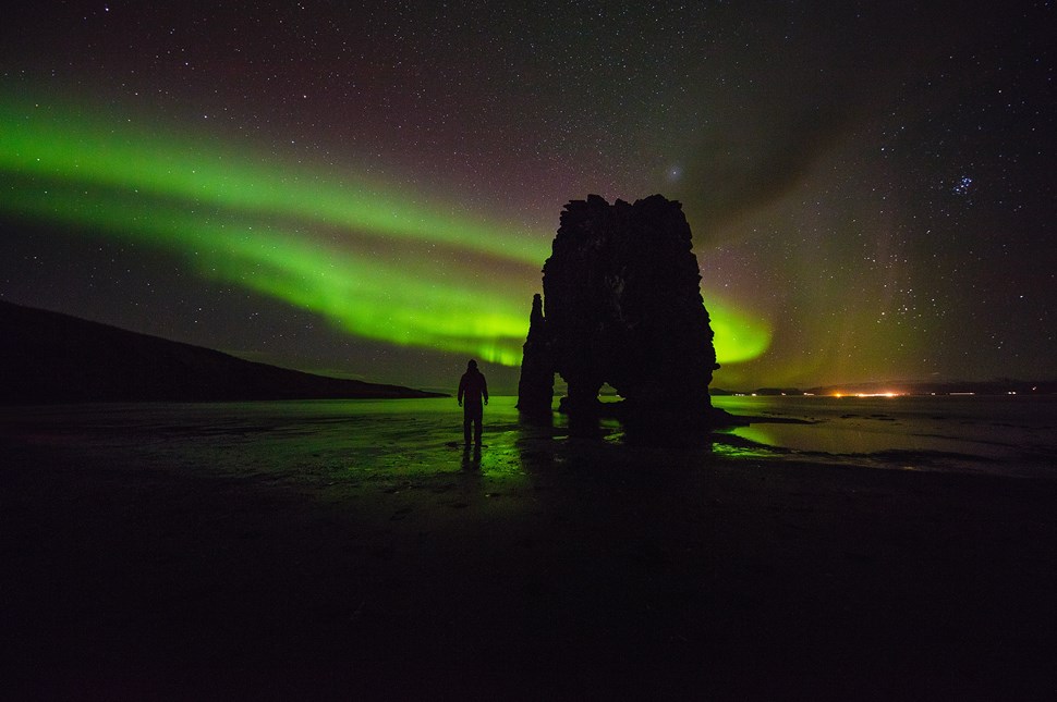 Northern Lights Silhouette in Hvítserkur Iceland's Rhino Rock 