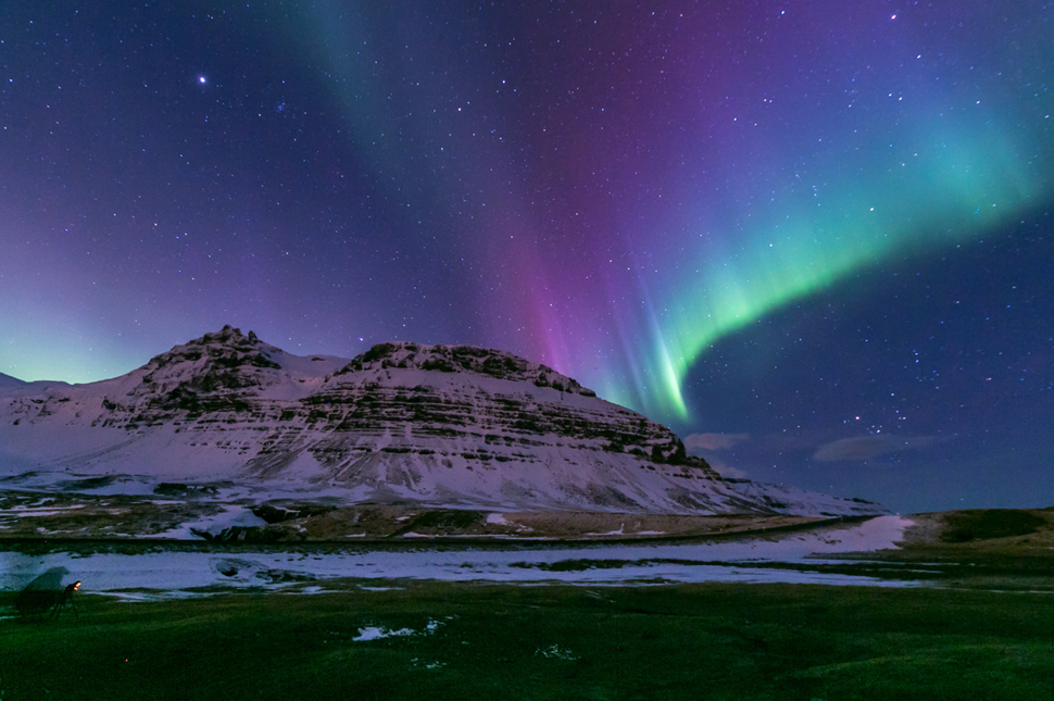 Aurora Dancing Over Snowy Kirkjufell Iceland Winter Season