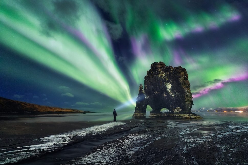Aurora Borealis over the Hvitserkur Rock, Northwestern Iceland