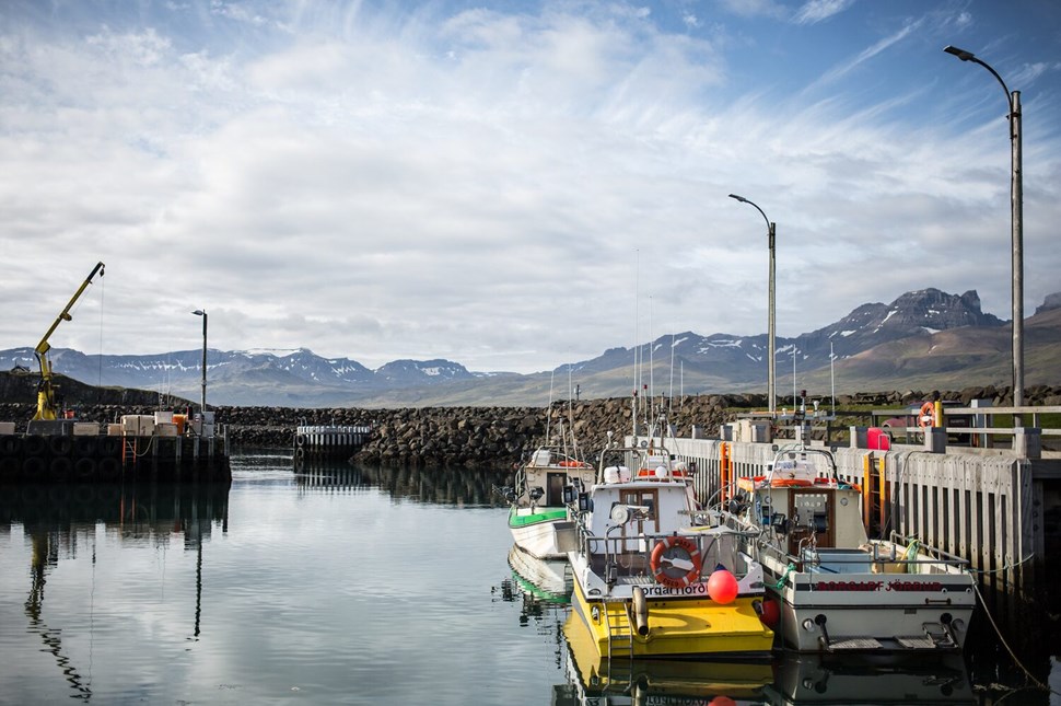 Fishing boats docked in calm harbor with crane and mountainous backdrop
