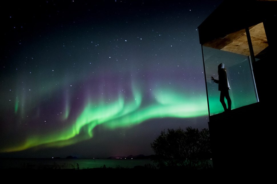 Silhouette of person stands in glass cabin under vibrant green aurora borealis in night sky.