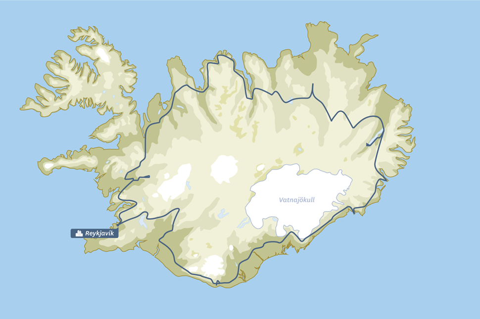 Outline of the Ring Road route on the map of Iceland.