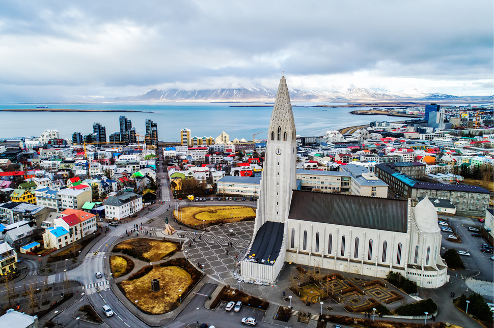 Aerial view over Hallgrimskirkja and surrounding buildings in Reykjavík, Iceland