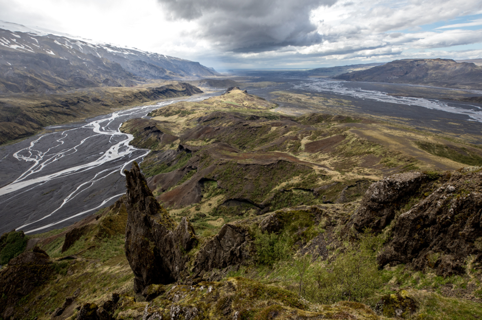 Dramatic views of rivers and mountains in Thórsmörk, Iceland