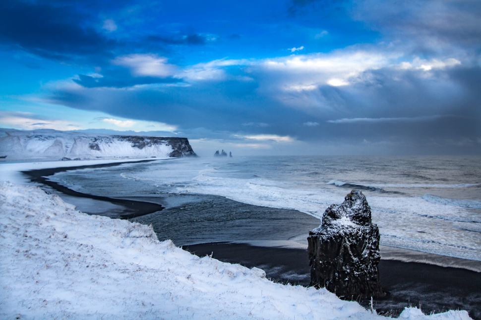 Panoramic views of Myrdalur on Iceland’s South Coast in winter