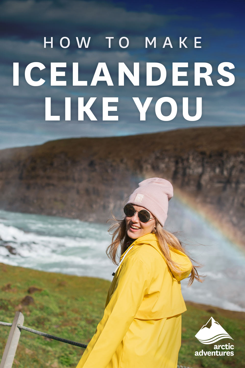 Amazing Waterfall in Iceland, Sunny Day, Golden Circle Woman in Yellow Coat