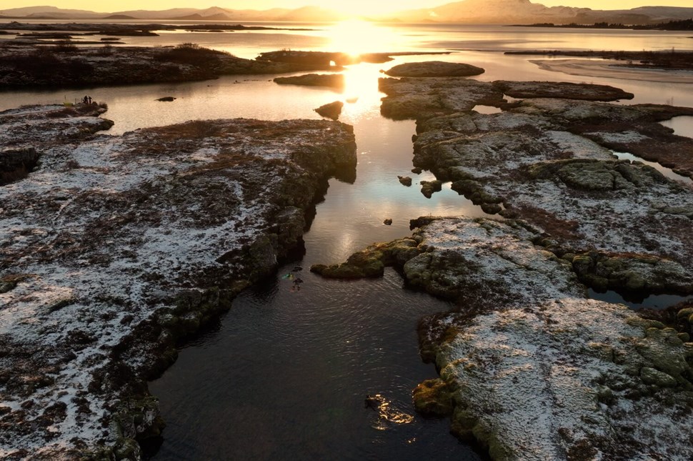Sunset in aerial view of Silfra Fissure in Iceland 