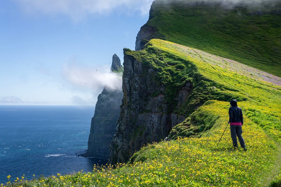 Person hiking in Westman Islands