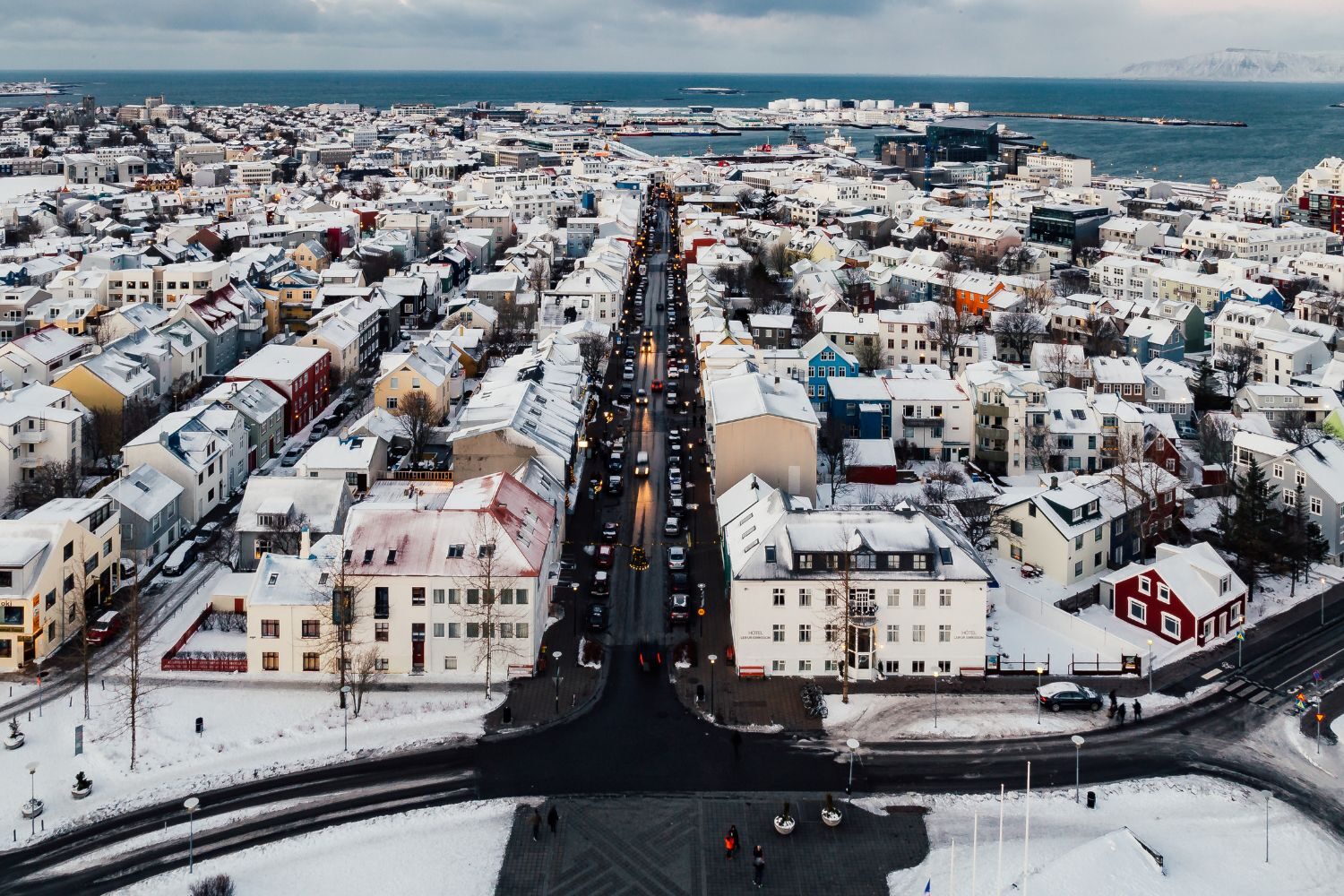 Aerial view of Reykjavík in the snow