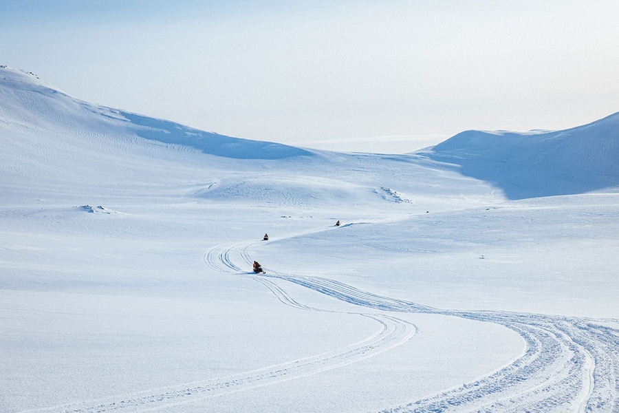 Snowmobiling road on glacier