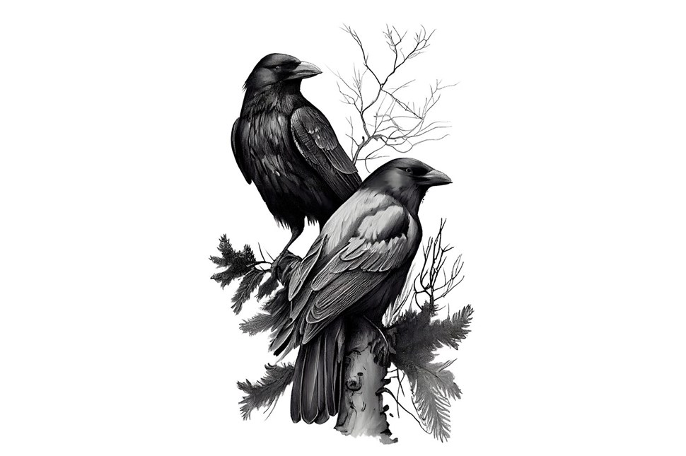 Painting of two black ravens