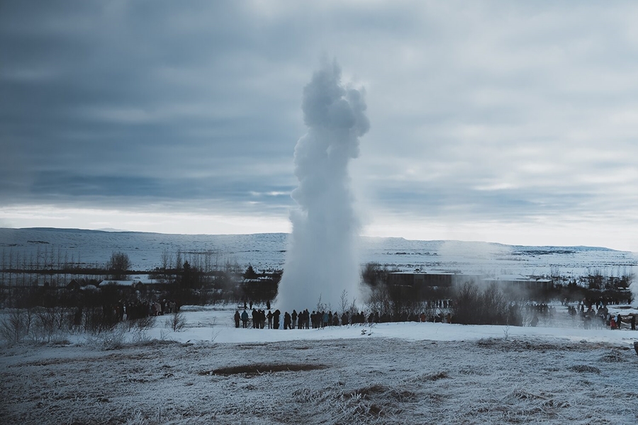 Geyer eruption during winter in Iceland