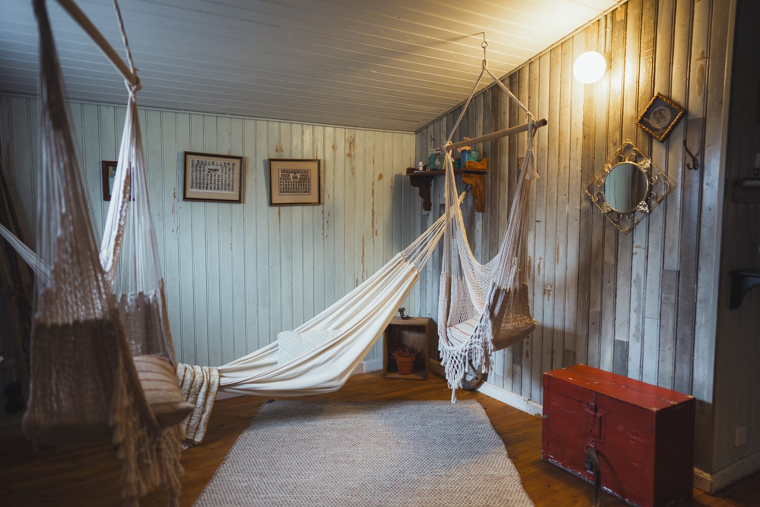 Lounge in farmhouse hotel with hammacs