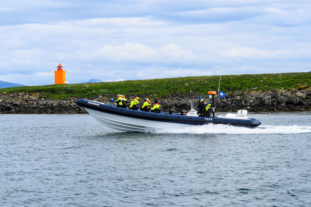 White RIB boat with group of tourists on whale watching tour from Reykavik in Iceland