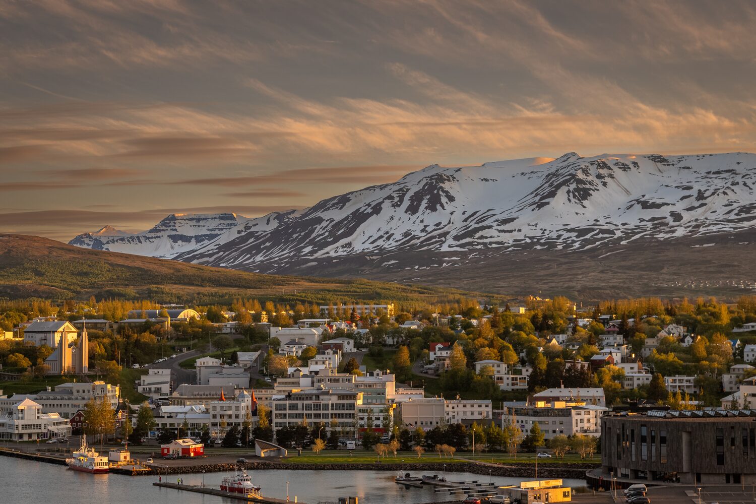 Beautiful Akureyri with lights during late twilight